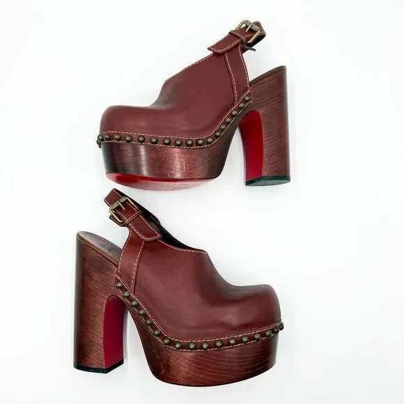 Christian Louboutin Joan Platform Wooden Heels Studded Clogs EU 38 US 8 - Picture 8 of 11